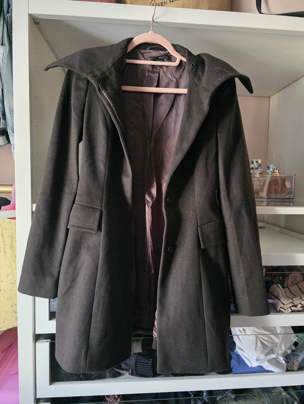 Hugo Boss Women's Black Wool-Blend Pea Coat with Hood